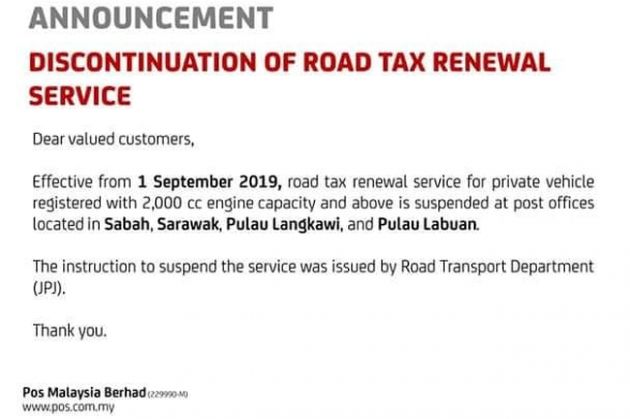 Road tax renewal at post offices halted in Sabah, Sarawak, Langkawi